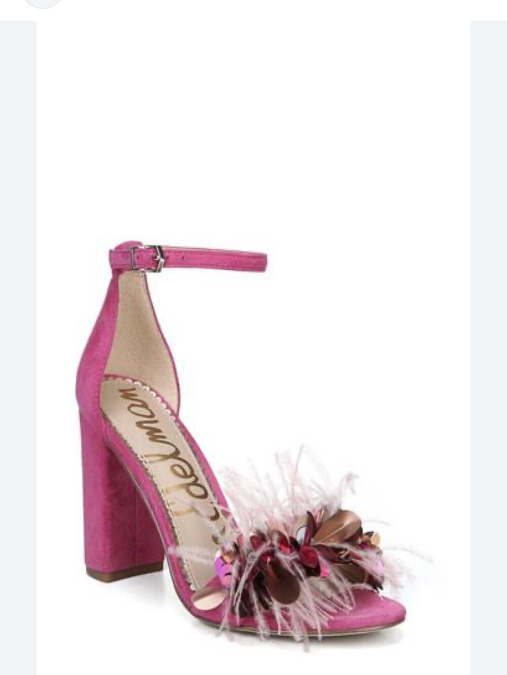 Sam Edelman Yal Magenta Suede Block Heel Sandals with Sequins and Feathers